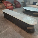 Oval White Marble TV Stand with Cream Diamond-Stitched Leather Trim and Dark Glossy Panels